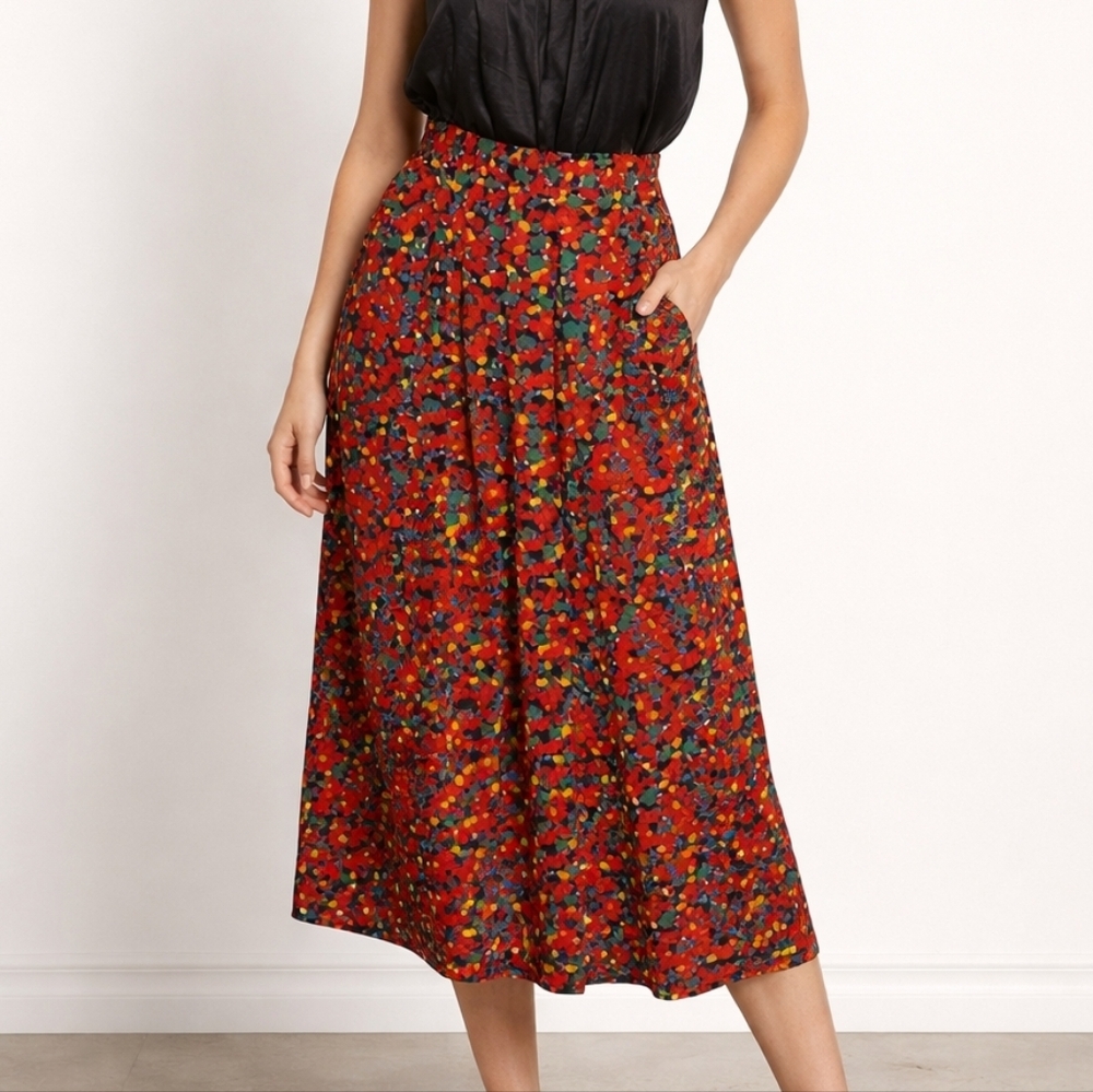 Vtg PROPHECY 1990s rainbow confetti pleated tea length Skirt